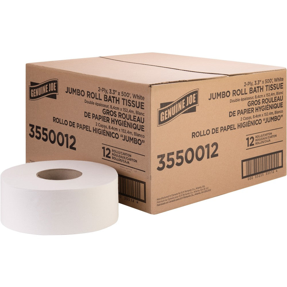 Genuine Joe Jumbo Jr Dispenser Bath Tissue Roll - 2 Ply - 3.30in Width x 500 ft Length - 8.88in Roll Diameter - White - Fiber - 12 / Carton