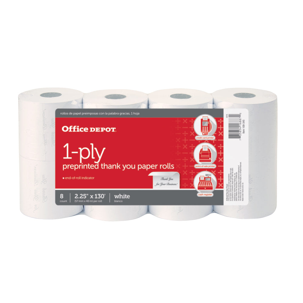 Office Depot Brand 1-Ply Preprinted "Thank You" Paper Rolls, 2-1/4in x 130ft, White, Pack Of 8