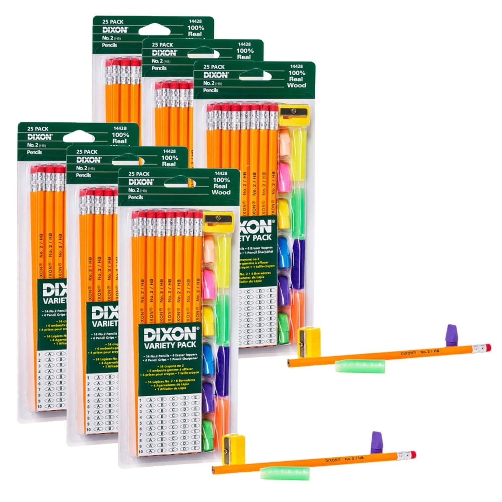 Dixon Pencils, Erasers and Pencil Grips Sets, No. 2, Yellow, Soft, Pack Of 6 Sets