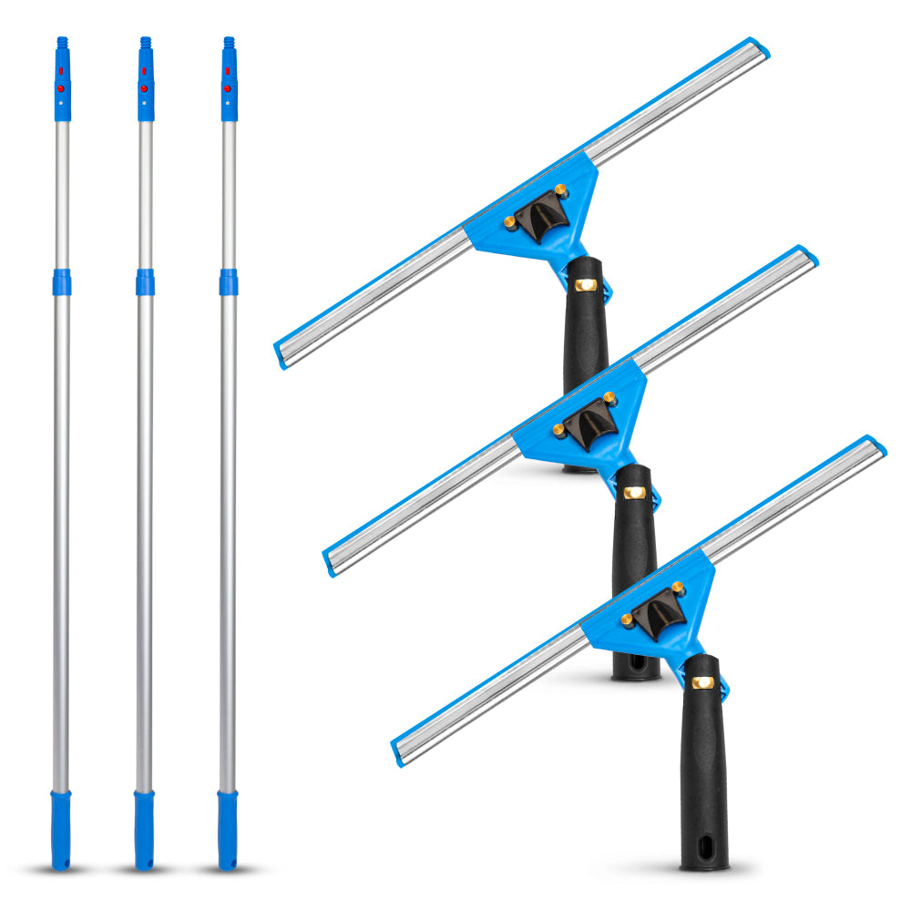 Gritt Commercial Swivel Window Squeegee And Telescopic Pole Window Washing Kit, 14in Squeegee/6ft Pole, Multicolor, Pack Of 3 Kits