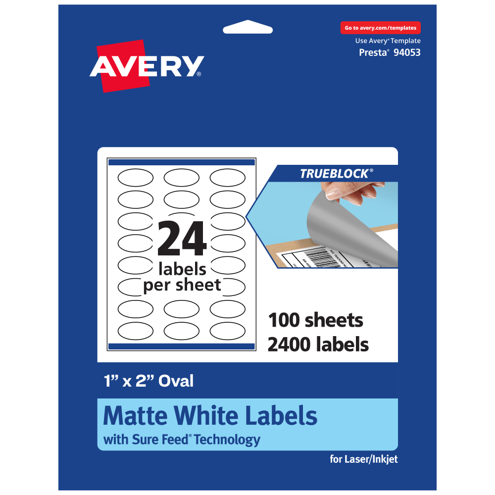 Avery Print-To-The-Edge TrueBlock Labels With Sure Feed, 94053-TWMP100, Oval, 1in x 2in, Matte White, Pack Of 2400