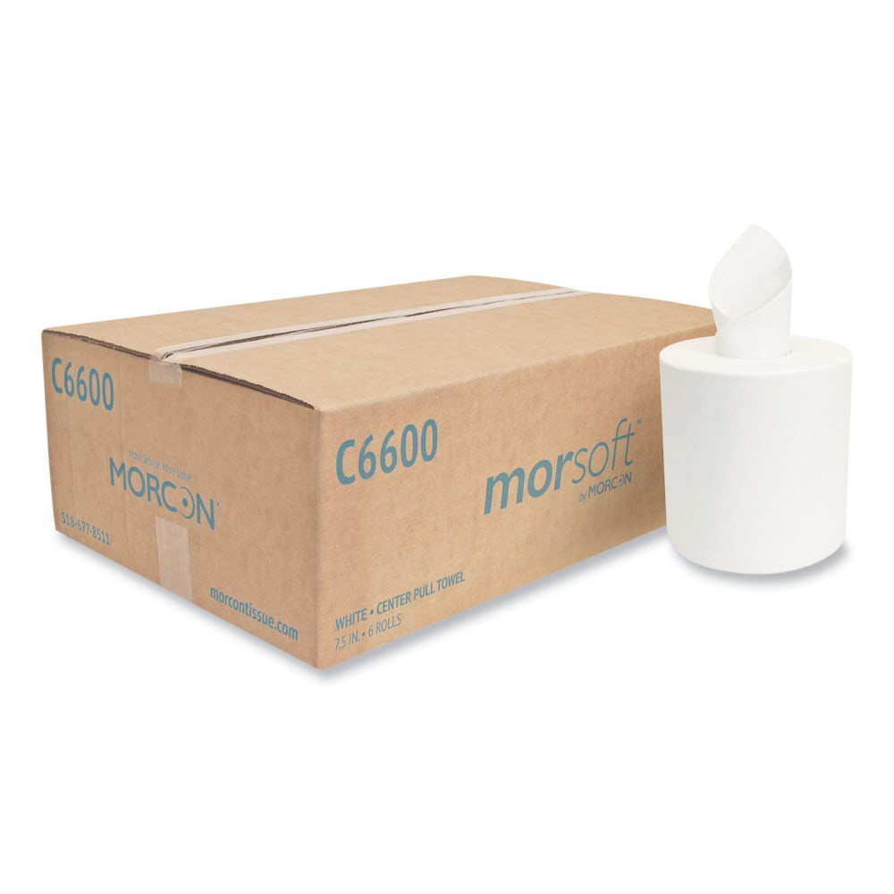 Morcon Tissue Morsoft Center-Pull Roll Towels, 2-Ply, 6.9in dia, White, 600 Sheets/Roll, 6 Rolls/Carton