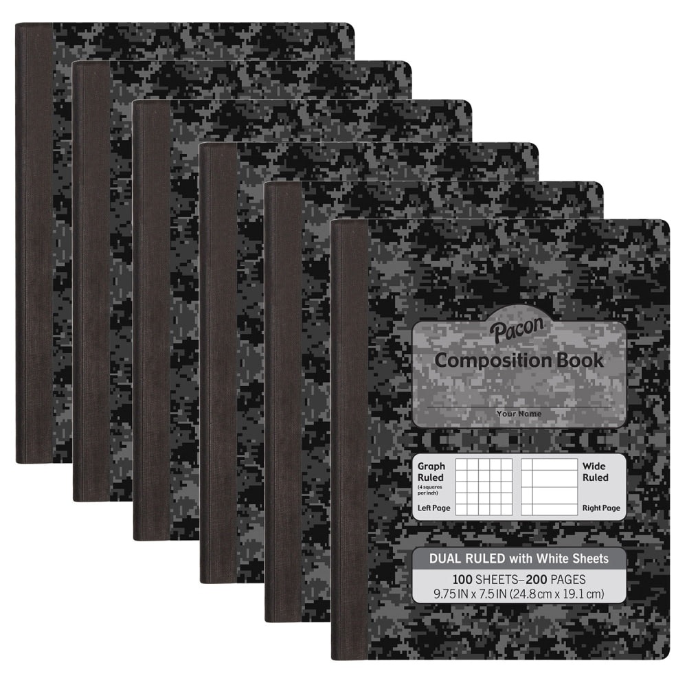 Pacon Dual Ruled Composition Book, 9-3/4in x 7-1/2in, 1/4in Grid & 3/8in Wide Ruled, 100 Sheets, Dark Gray Marble, Pack Of 6