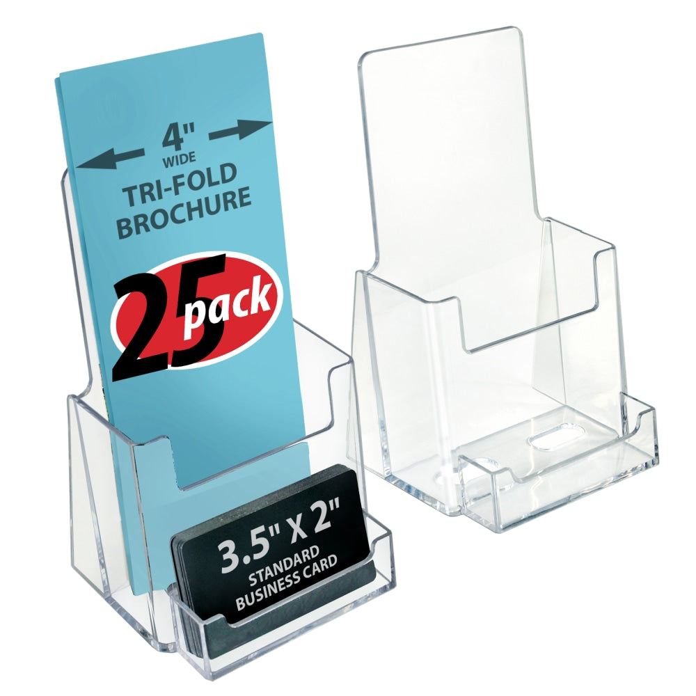 Azar Displays Trifold Brochure Holders With Business Card Pockets, 7-1/4inH x 4-1/8inW x 3-9/16inD, Clear, Set Of 25 Holders