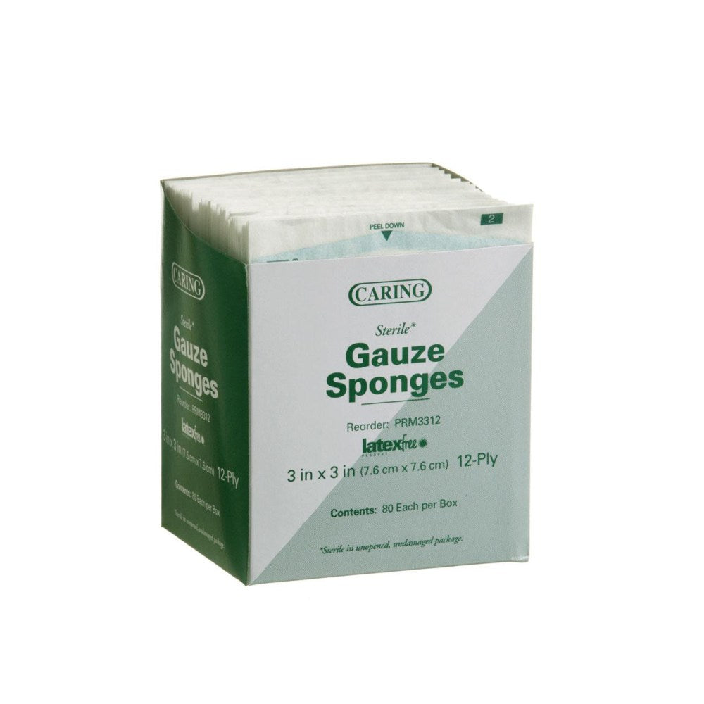 Medline Caring Sterile Woven Gauze Sponges, 12-Ply, 3in x 3in, Case Of 30