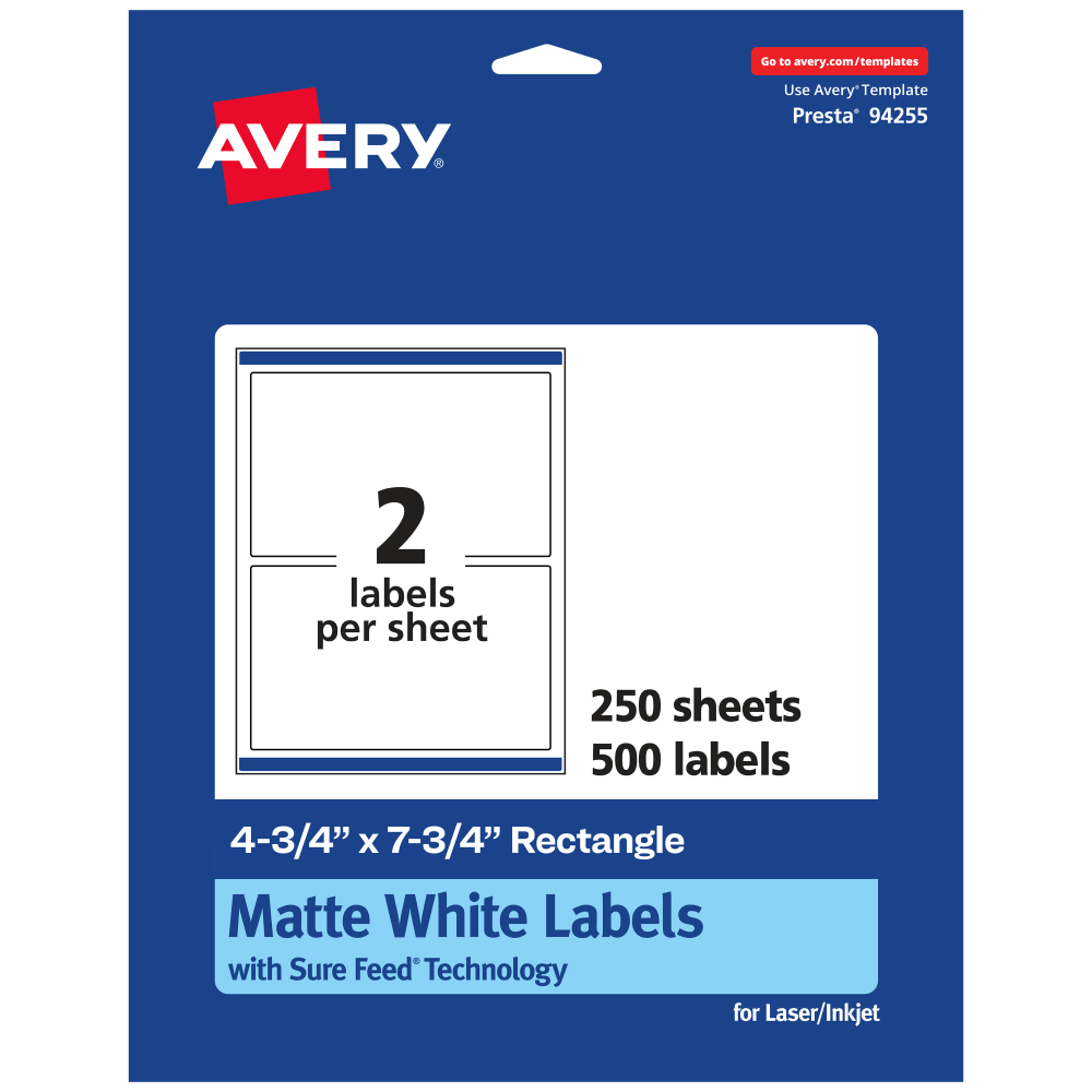 Avery Permanent Labels With Sure Feed, 94255-WMP250, Rectangle, 4-3/4in x 7-3/4in, White, Pack Of 500