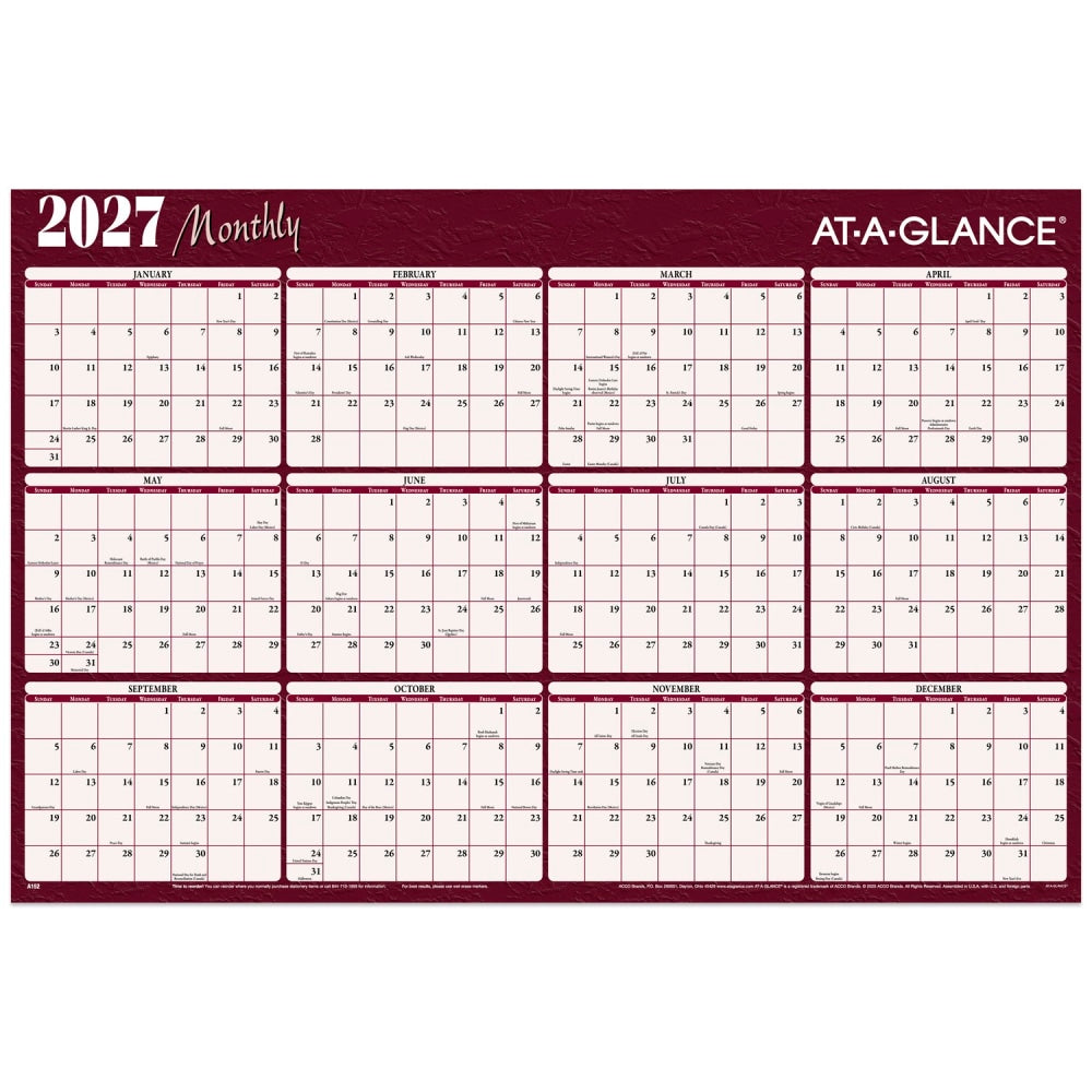 AT-A-GLANCE 2027 Horizontal Reversible Erasable Yearly Wall Calendar, Red and Blue, Extra Large, 48in x 32in