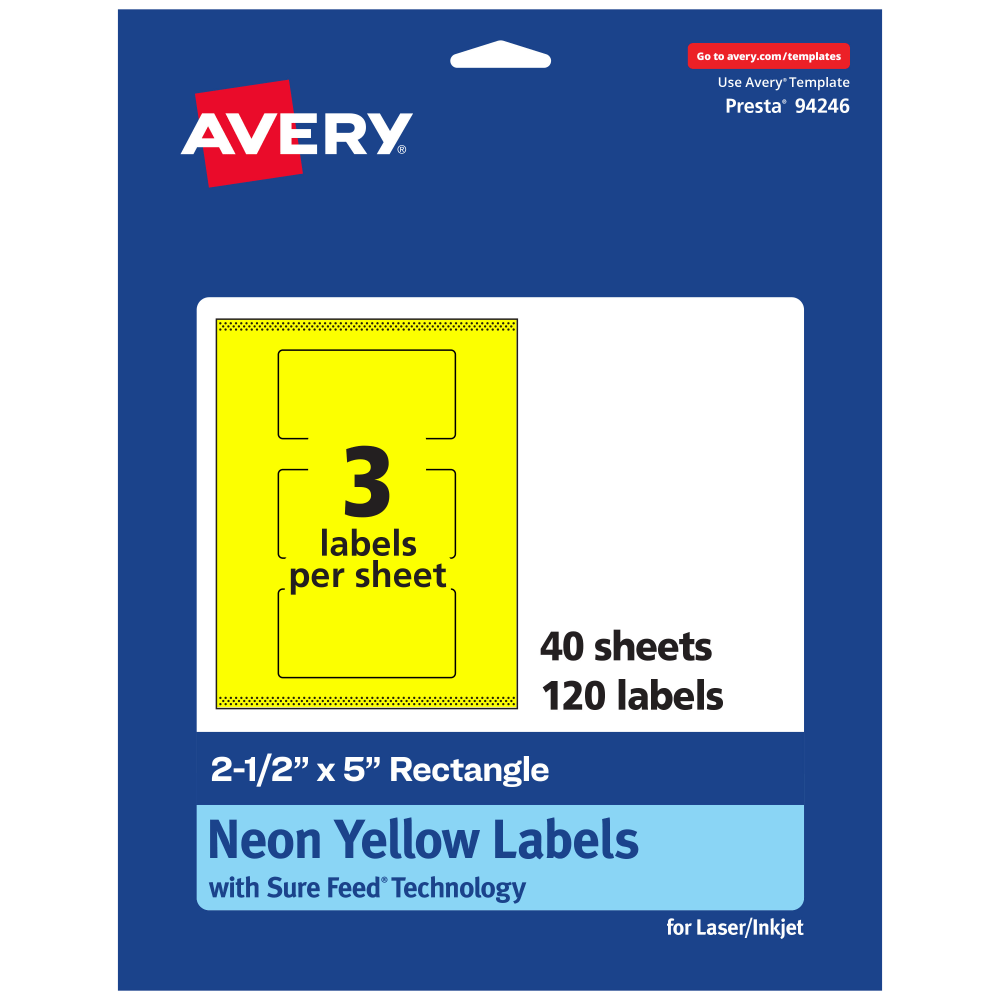 Avery Print-To-The-Edge Labels With Sure Feed Technology, 94246-NYP40, Rectangle, 2-1/2in x 5in, Matte Neon Yellow, Pack of 120