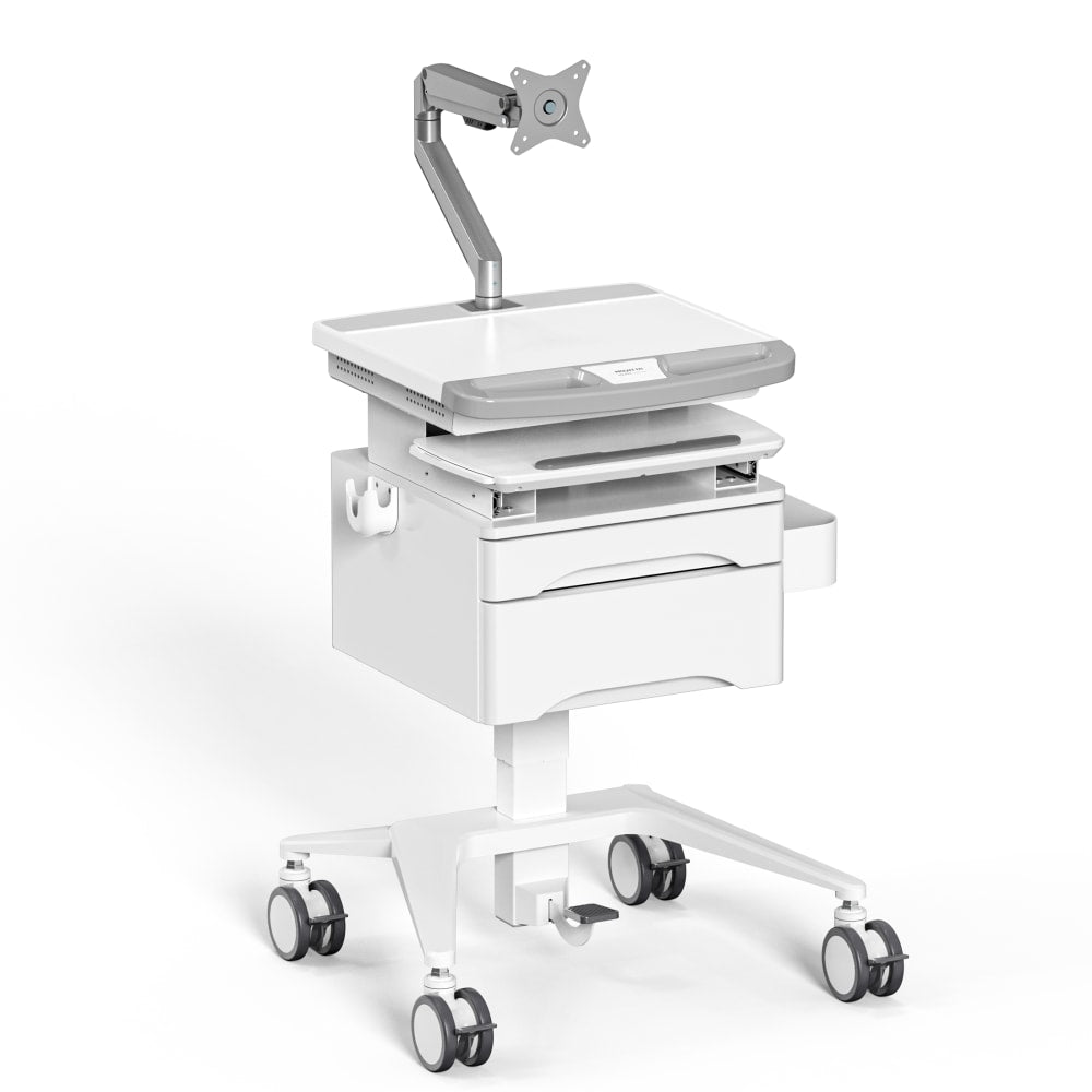 Mount-It! MedHub Mobile Medical Cart Workstation With Drawers And Monitor Arm, 62-5/8inH x 25-5/8inW x 21-3/4inD, White/Gray