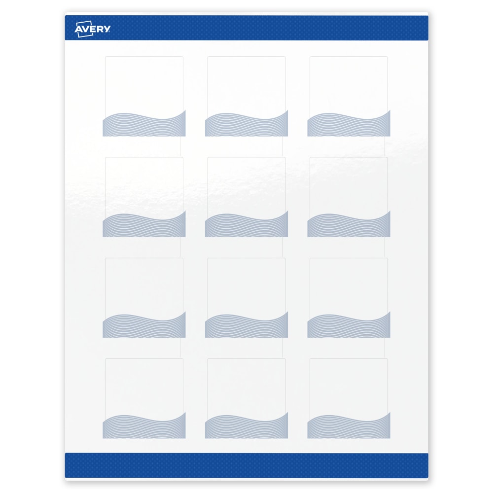 Avery Printable Labels With Sure Feed Technology, S00-ETW, Square, 2in x 2in, Glossy White With Preprinted Blue Waves Design, Pack Of 120
