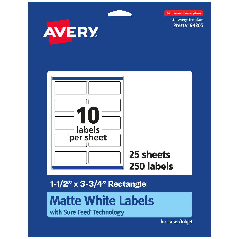 Avery Permanent Labels With Sure Feed, 94205-WMP25, Rectangle, 1-1/2in x 3-3/4in, White, Pack Of 250