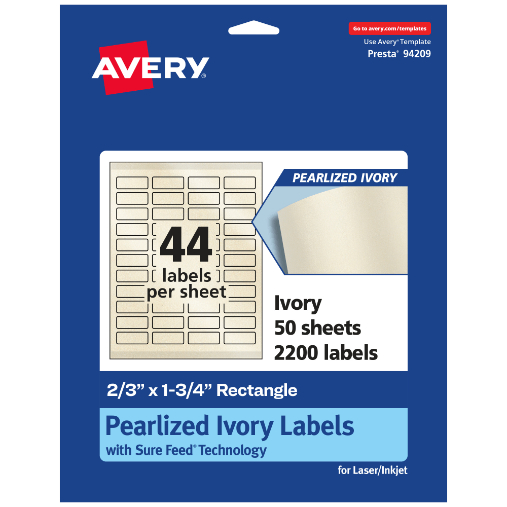 Avery Pearlized Permanent Labels With Sure Feed, 94209-PIP50, Rectangle, 2/3in x 1-3/4in, Ivory, Pack Of 2,200 Labels
