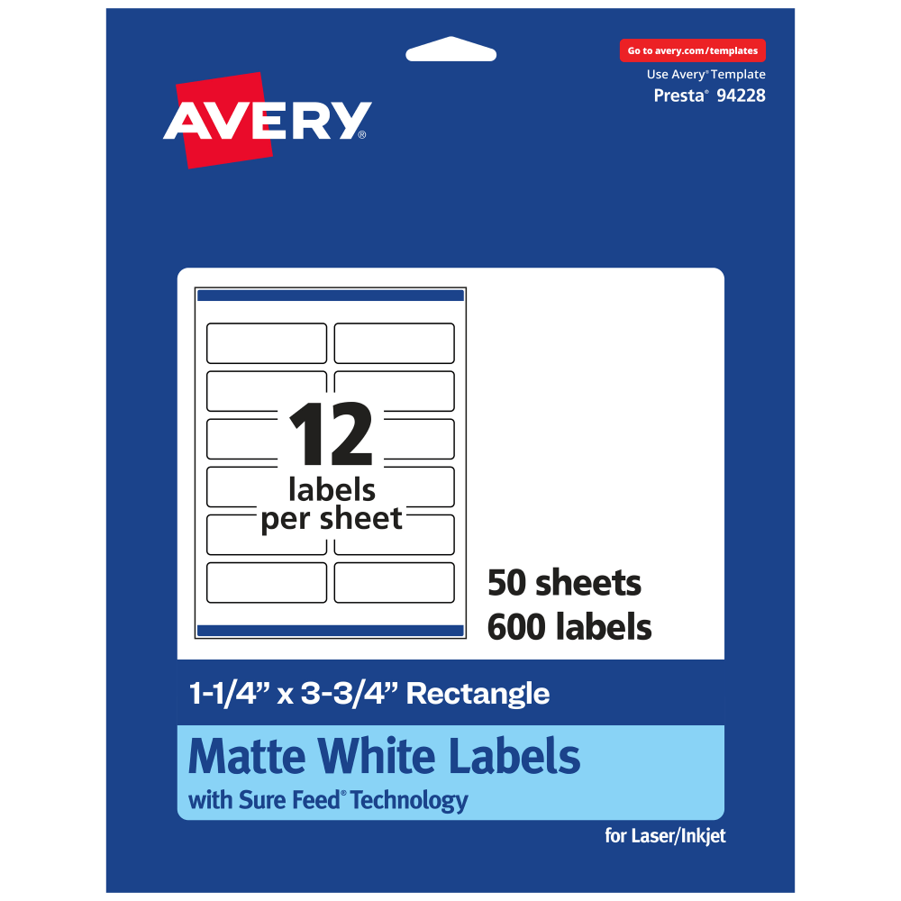 Avery Permanent Labels With Sure Feed, 94228-WMP50, Rectangle, 1-1/4in x 3-3/4in, White, Pack Of 600