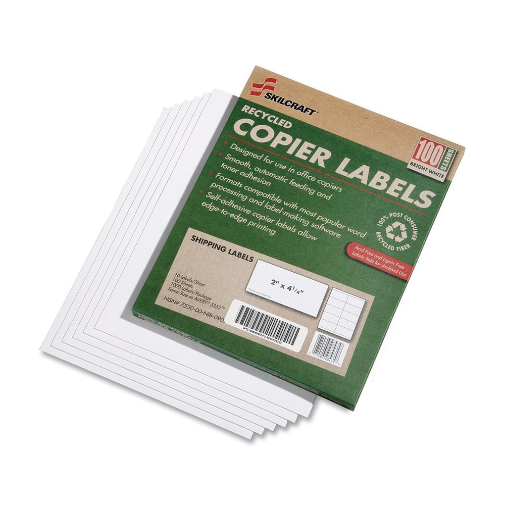 SKILCRAFT 100% Recycled Copier Shipping Labels, Rectangle, 2in x 4 1/4in, White, Box Of 100