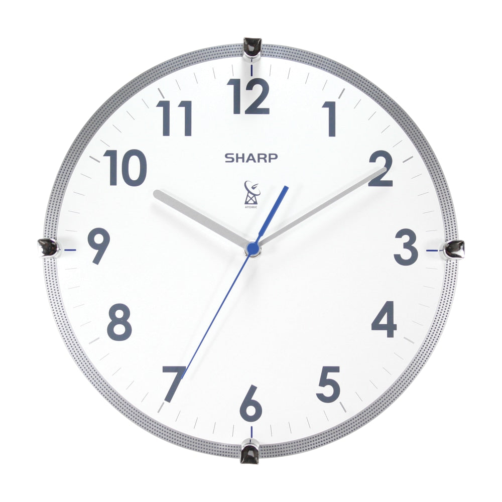 Sharp Atomic Round Wall Clock, 11in, White/Silver