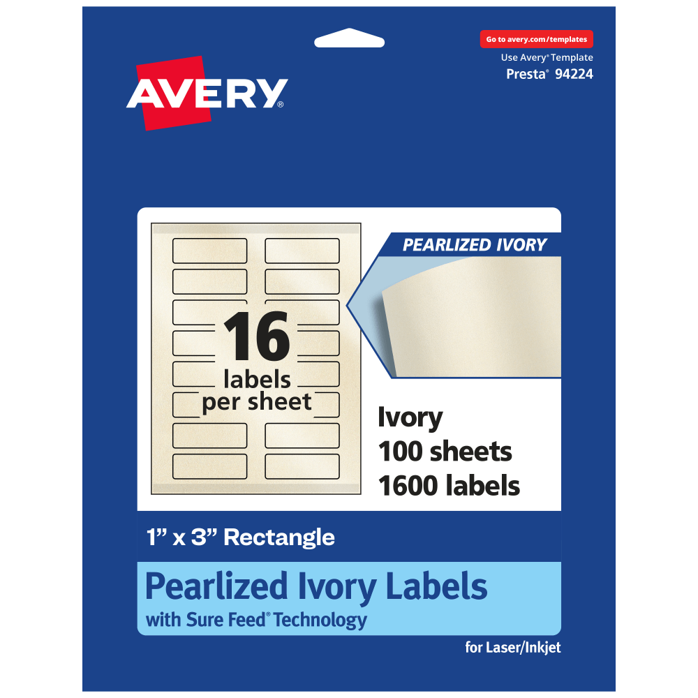 Avery Pearlized Permanent Labels With Sure Feed, 94224-PIP100, Rectangle, 1in x 3in, Ivory, Pack Of 1,600 Labels
