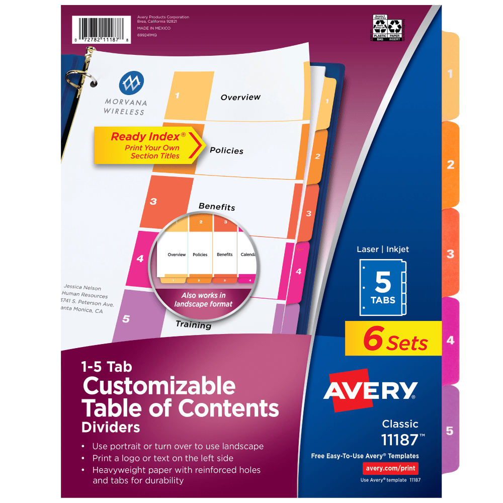 Avery Ready Index 1-5 Tab Binder Dividers With Customizable Table Of Contents, 8-1/2in x 11in, 5 Tab, White/Multicolor, Pack Of 6 Sets