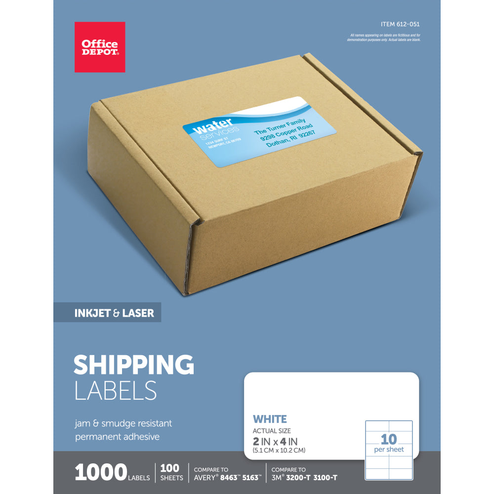 Office Depot Brand Inkjet/Laser Shipping Labels, Rectangle, 2in x 4in, White, Pack Of 1,000