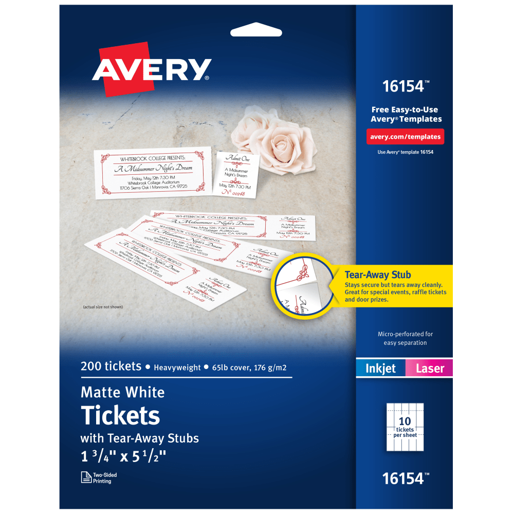 Avery Printable Tickets With Tear-Away Stubs, 1-3/4in x 5-1/2in, White, Pack Of 200 Tickets
