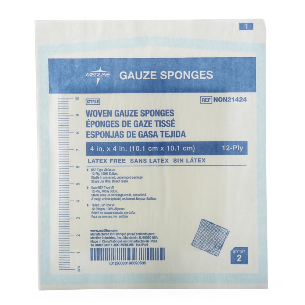 Medline Woven Sterile Gauze Sponges, 12-Ply, 4in x 4in, White, Pack Of 1,200