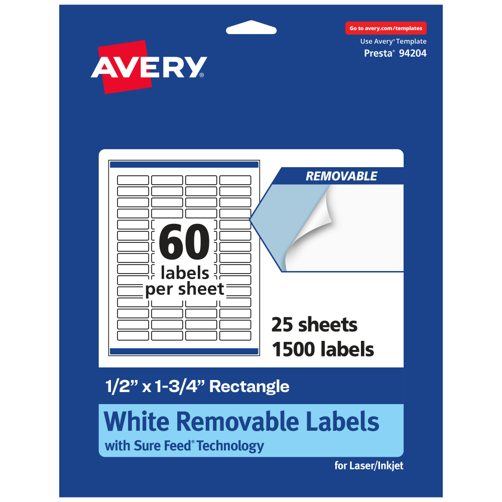 Avery Removable Labels With Sure Feed, 94204-RMP25, Rectangle, 1/2in x 1-3/4in, White, Pack Of 1,500 Labels