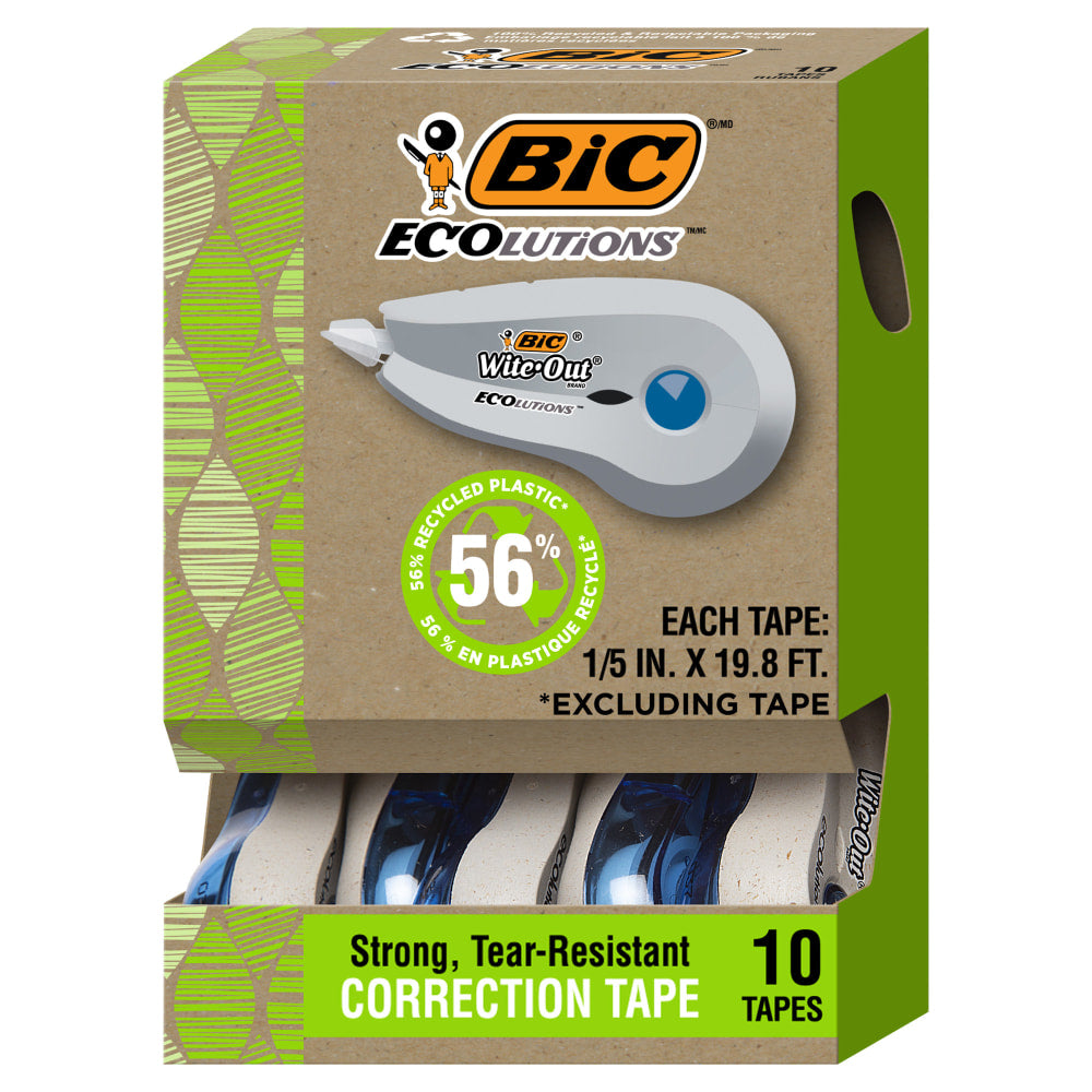 BIC Ecolutions Wite-Out Brand Correction Tape, 19.6 Feet, 10-Count Pack, Correction Tape Made from 56% Recycled Plastic Excluding Tape