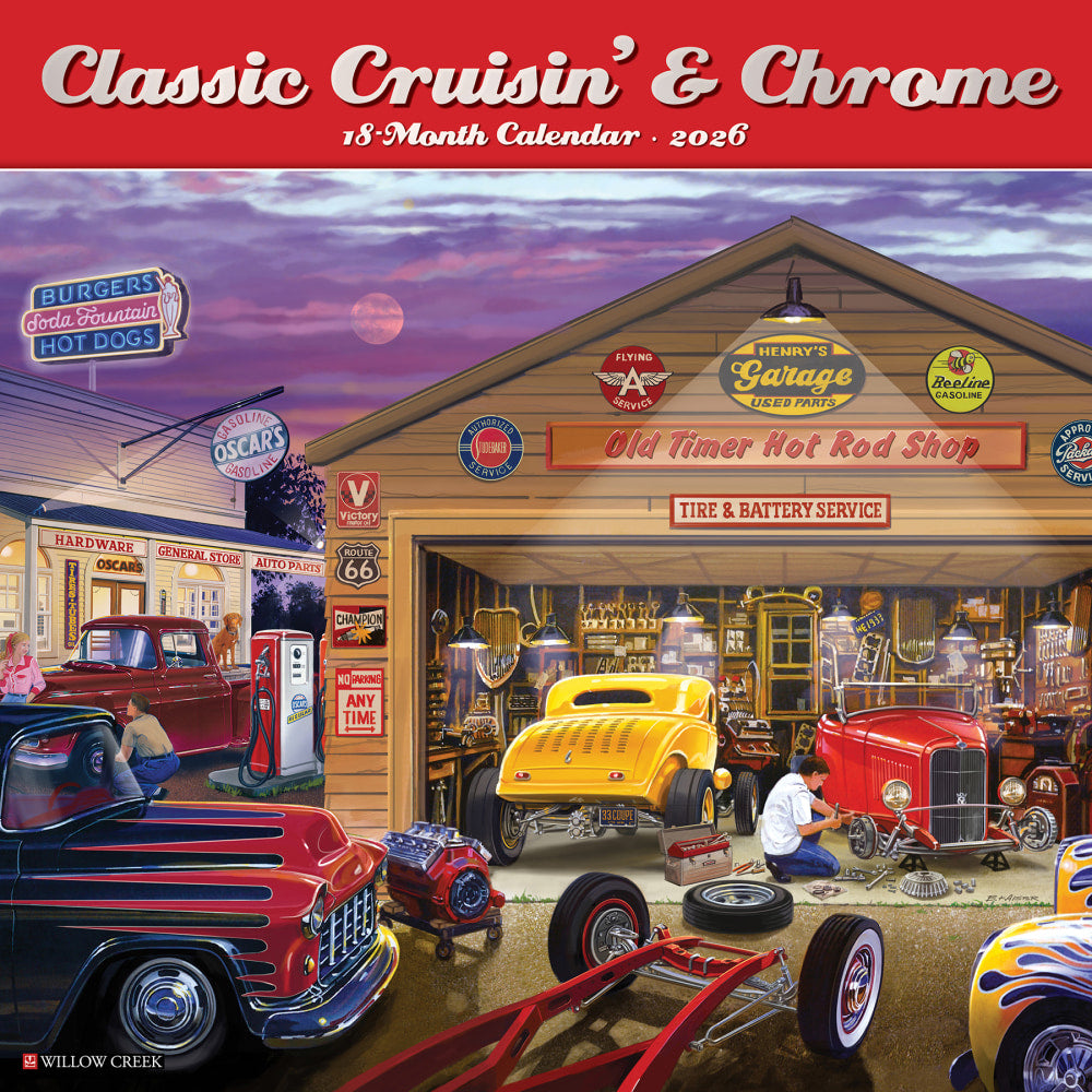 2026 Willow Creek Press Art & Design Monthly Wall Calendar, 12in x 12in, Classic Cruisin & Chrome, January To December, 50743