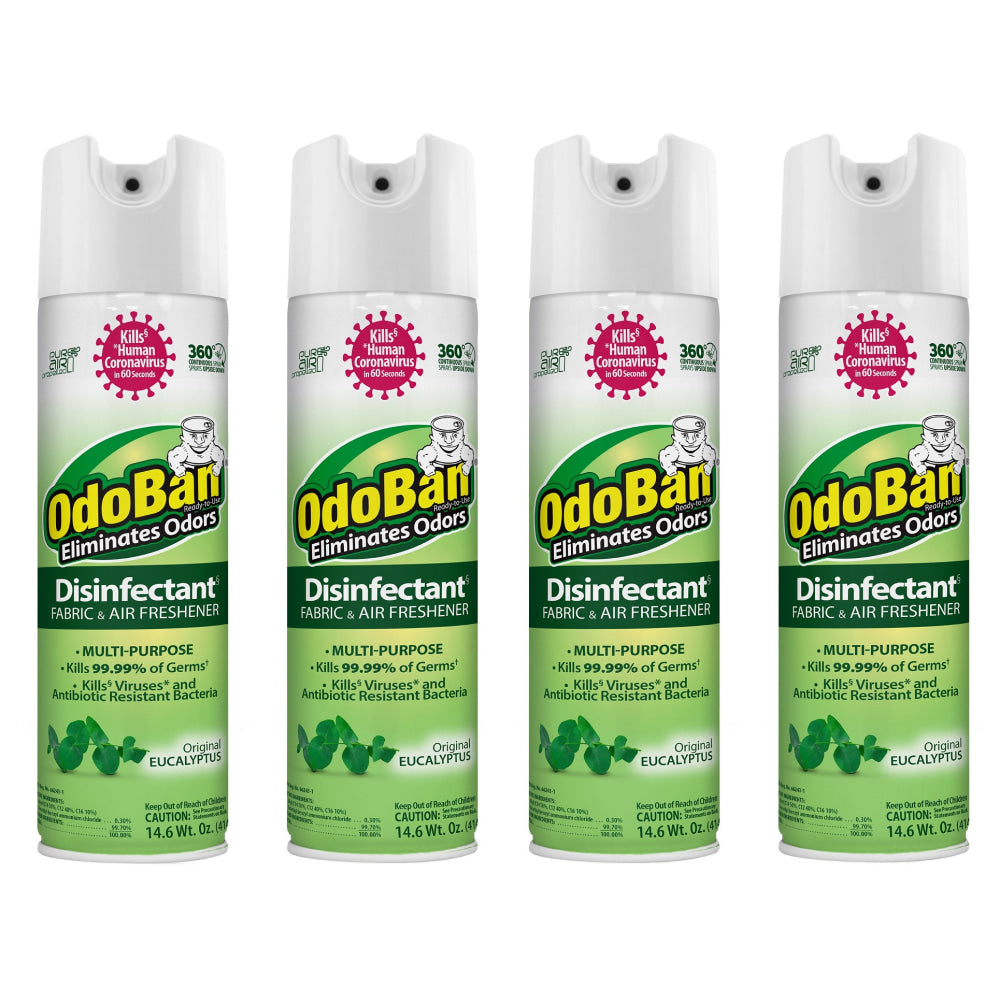 OdoBan Ready-to-Use 360-Degree Continuous Spray Disinfectant Cleaner and Odor Eliminator, Original Eucalyptus Scent, 14.6 Oz, Set Of 4 Spray Cans