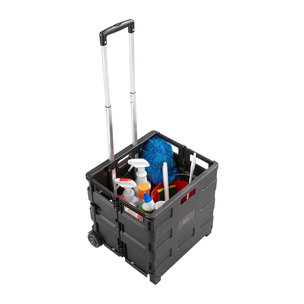 Safco Stow Away Folding Caddy, Telescopic Handle, 50 lb Capacity, 2 Casters, 16.5inW x 14.5inD x 39inH, Black, Silver