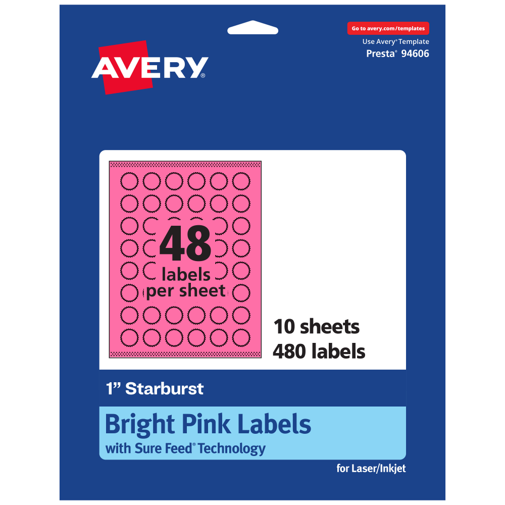 Avery Print-To-The-Edge Labels With Sure Feed Technology, 94606-BPP10, Starburst, 1in, Matte Bright Pink, Pack of 480