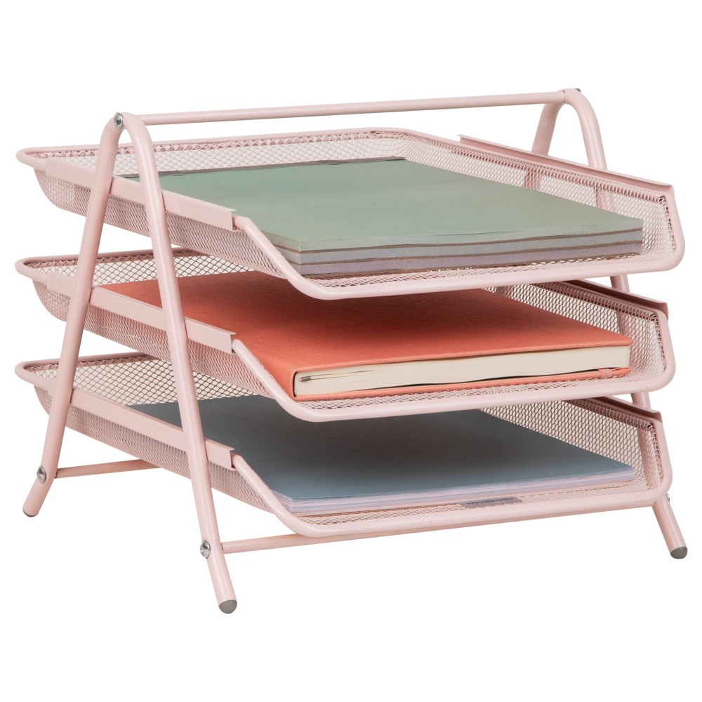 Mind Reader 3-Tier Paper Tray Desktop Organizer File Storage, 10inH x 13-3/4inW x 11-3/4inD, Pink