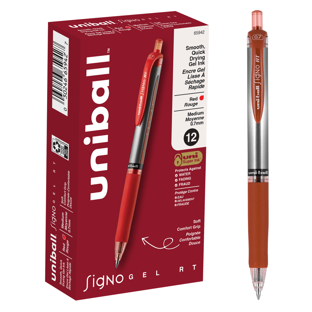 uni-ball Signo Gel RT Retractable Pens, Medium Point, 0.7 mm, Silver Barrel, Red Ink, Pack Of 12 Pens
