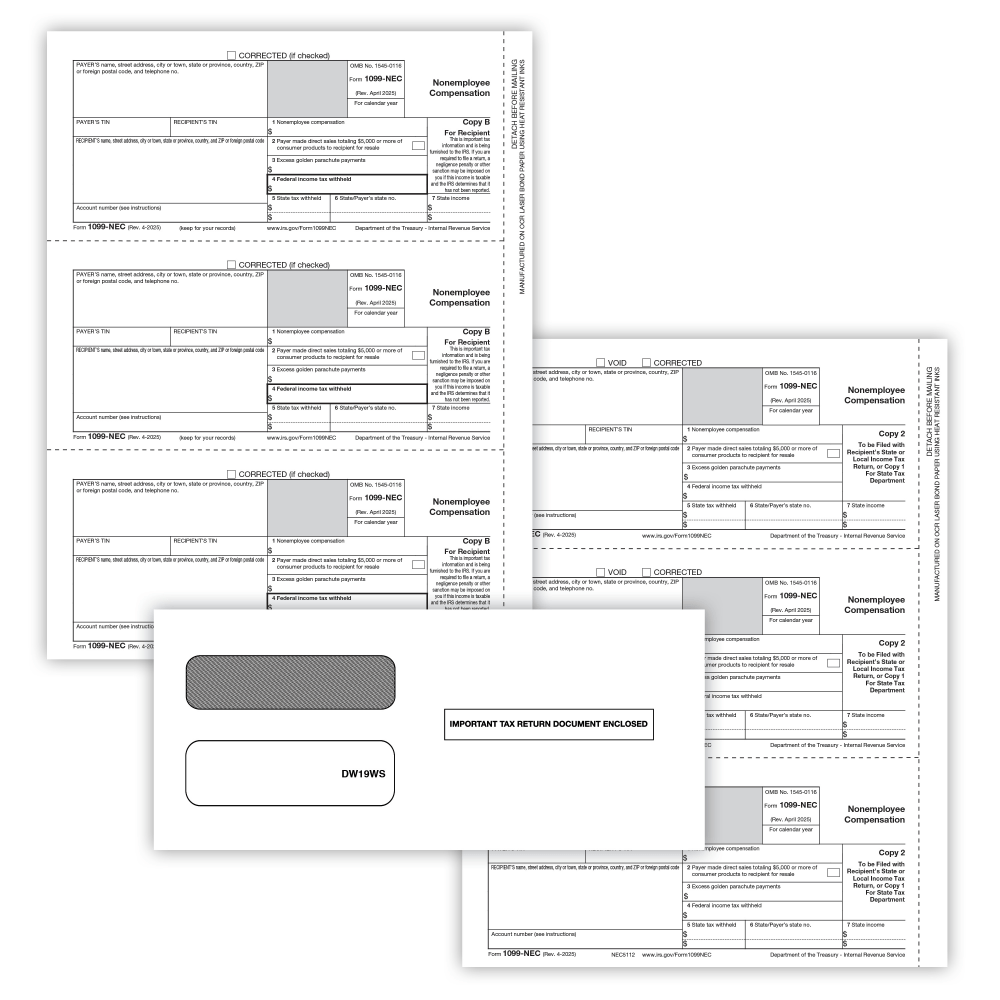 ComplyRight 1099-NEC Tax Forms Set, 3-Part, 3-Up, Copies B/C/2 (Recipient Copy Only), with Envelopes, 8-1/2in x 11in, Pack Of 50