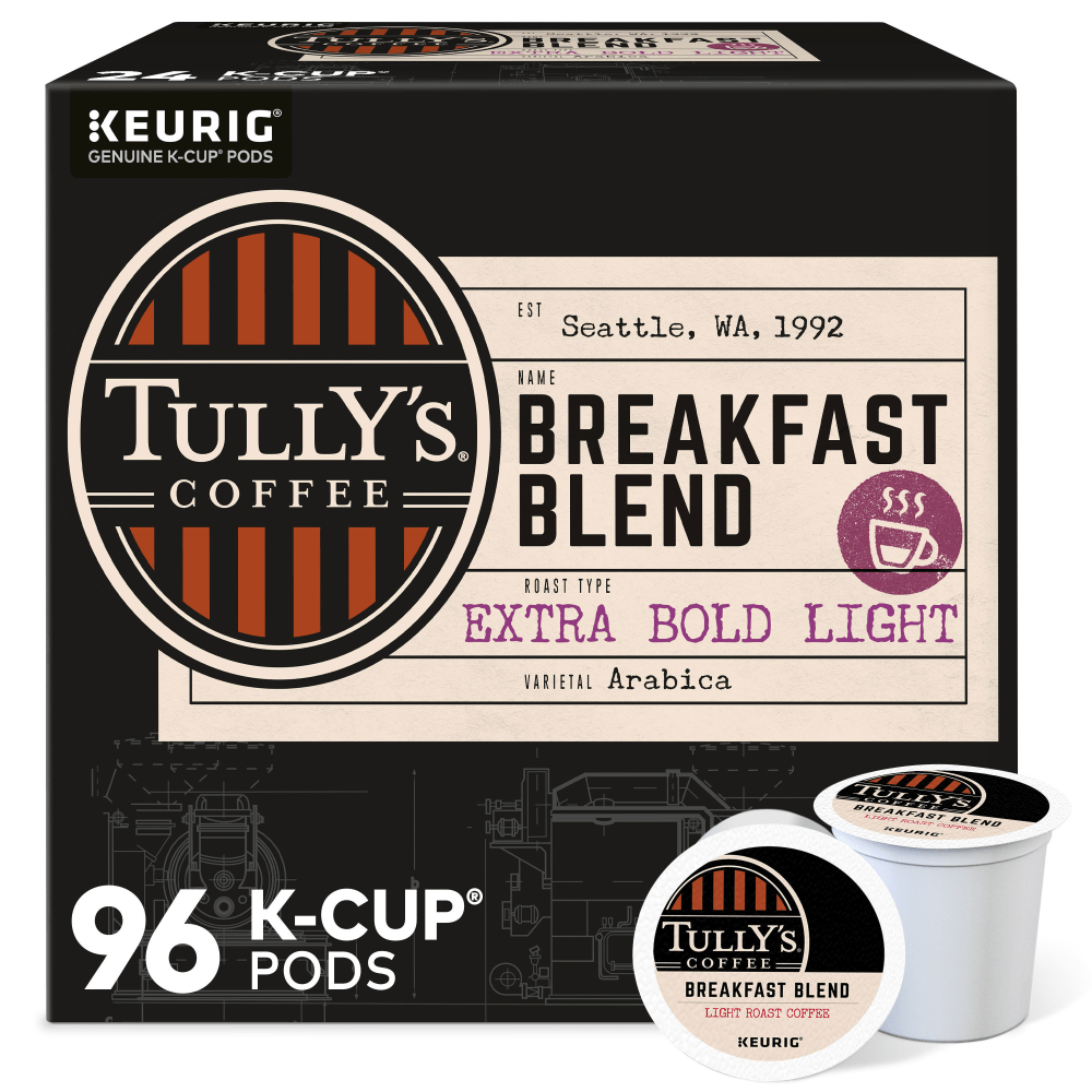 Tully's Coffee Breakfast Blend Single-Serve K-Cups, Classic, Carton Of 24 K-Cups, Box Of 4 Cartons