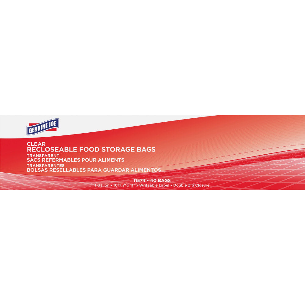 Genuine Joe Food Storage Bags, 1 gal Capacity, 10.56inx 11in, 1.75 mil (44 Micron) Thickness, Zipper Closure, 40 Count - 11574