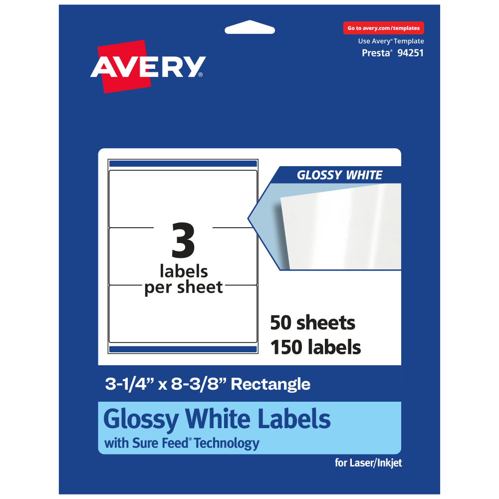 Avery Glossy Permanent Labels With Sure Feed, 94251-WGP50, Rectangle, 3-1/4in x 8-3/8in, White, Pack Of 150