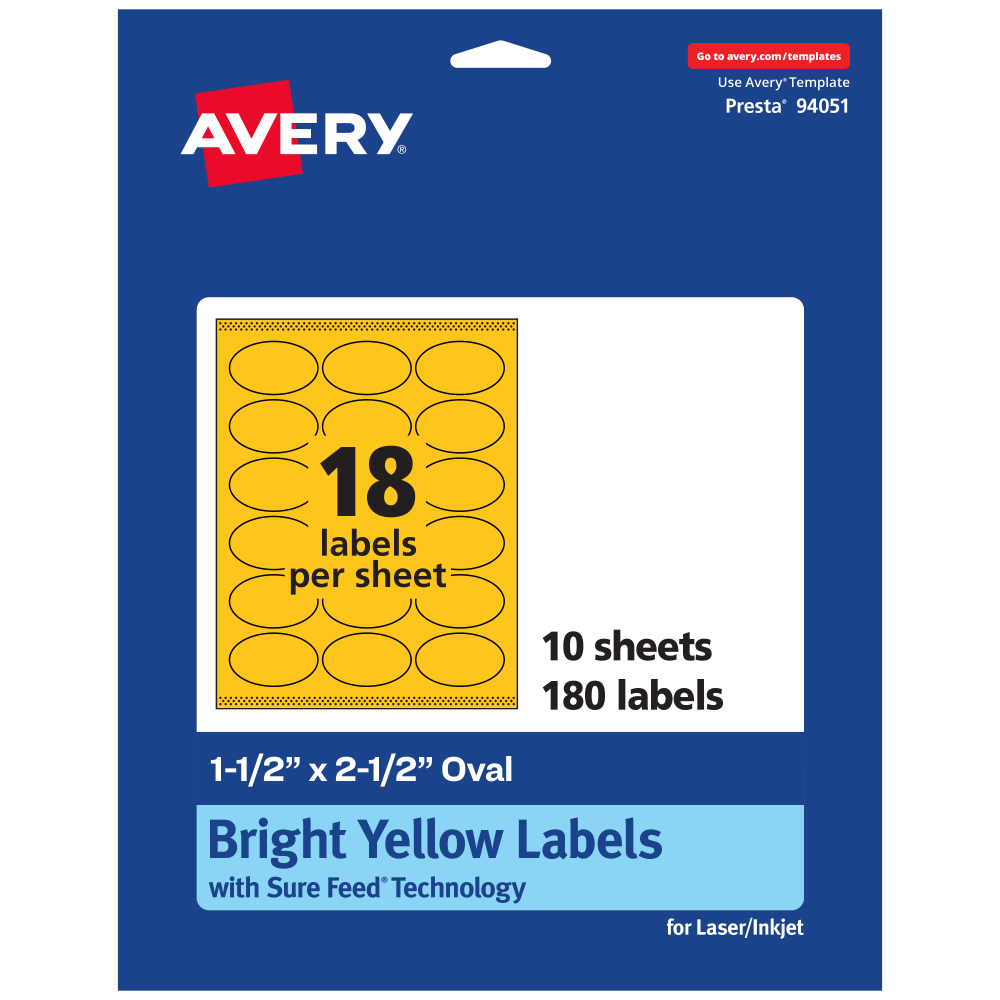 Avery Printable Labels With Sure Feed Technology, 94051-BYP10, Oval, 1-1/2in x 2-1/2in, Matte Bright Yellow, Pack of 180