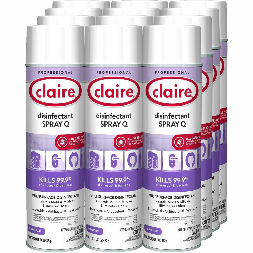 Claire Multipurpose Disinfectant Spray - 17 fl oz (0.5 quart) - Lavender Scent - Bactericide, Antibacterial, Fungicide, Virucidal - Purple - 12/Carton