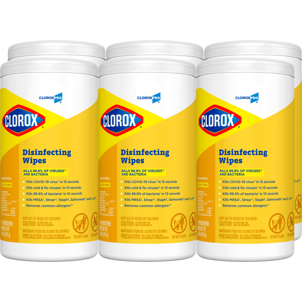CloroxPro Clorox Disinfecting Wipes, Lemon Fresh, 75 Wipes Per Canister, Box Of 6 Canisters