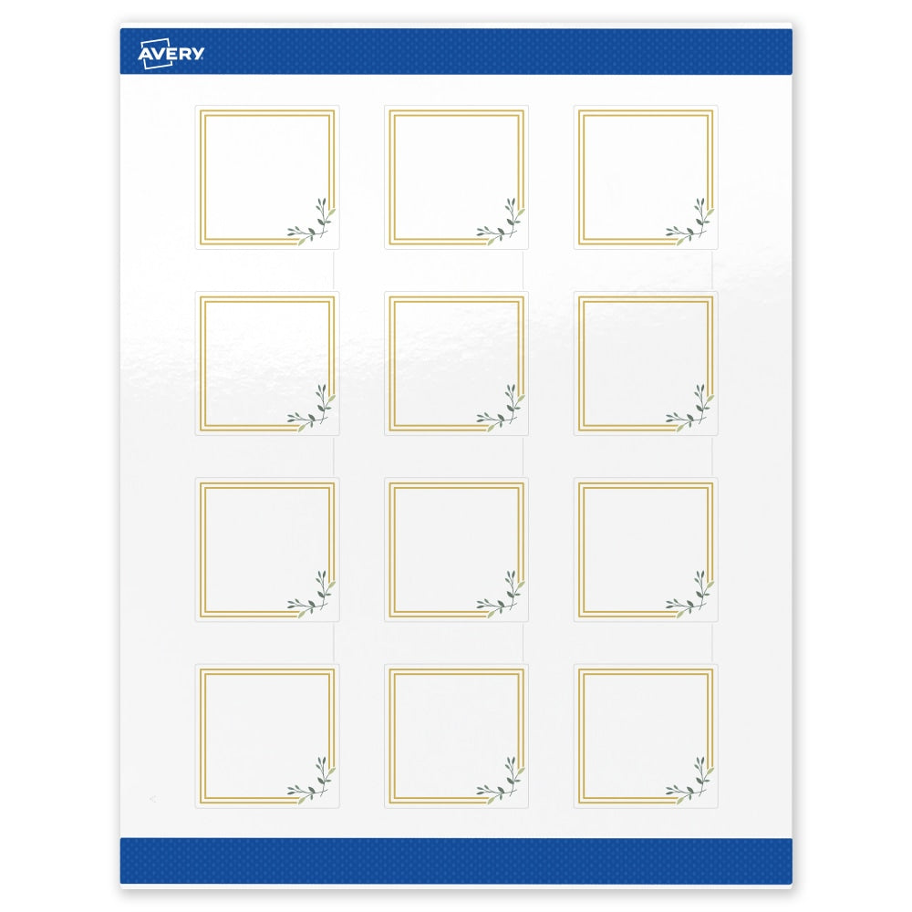 Avery Print-To-The-Edge Labels & Sure Feed, S00-DMS-PRWGP10, 2in x 2in, Glossy White, Preprinted Double Gold Border & Floral Design, Pack Of 120