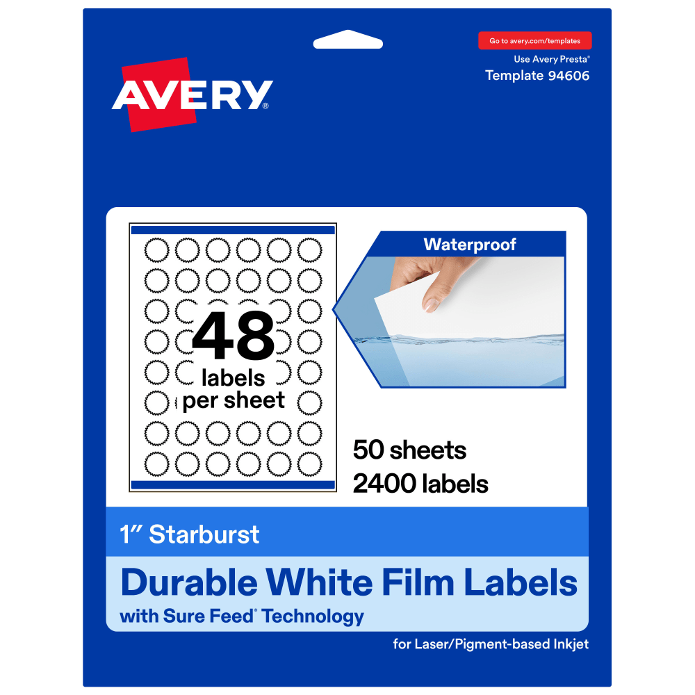 Avery Waterproof Permanent Labels With Sure Feed, 94606-WMF50, Starburst, 1in, White, Pack Of 2,400