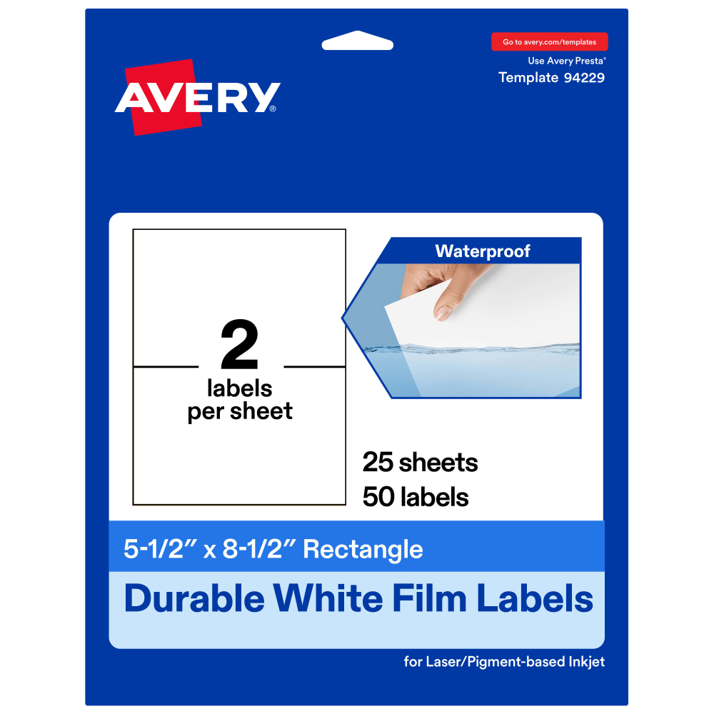 Avery Waterproof Permanent Labels, 94229-WMF25, Rectangle, 5-1/2in x 8-1/2in, White, Pack Of 50