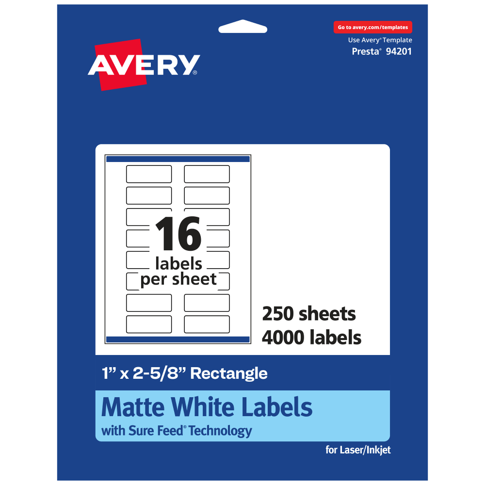 Avery Permanent Labels With Sure Feed, 94201-WMP250, Rectangle, 1in x 2-5/8in, White, Pack Of 4,000