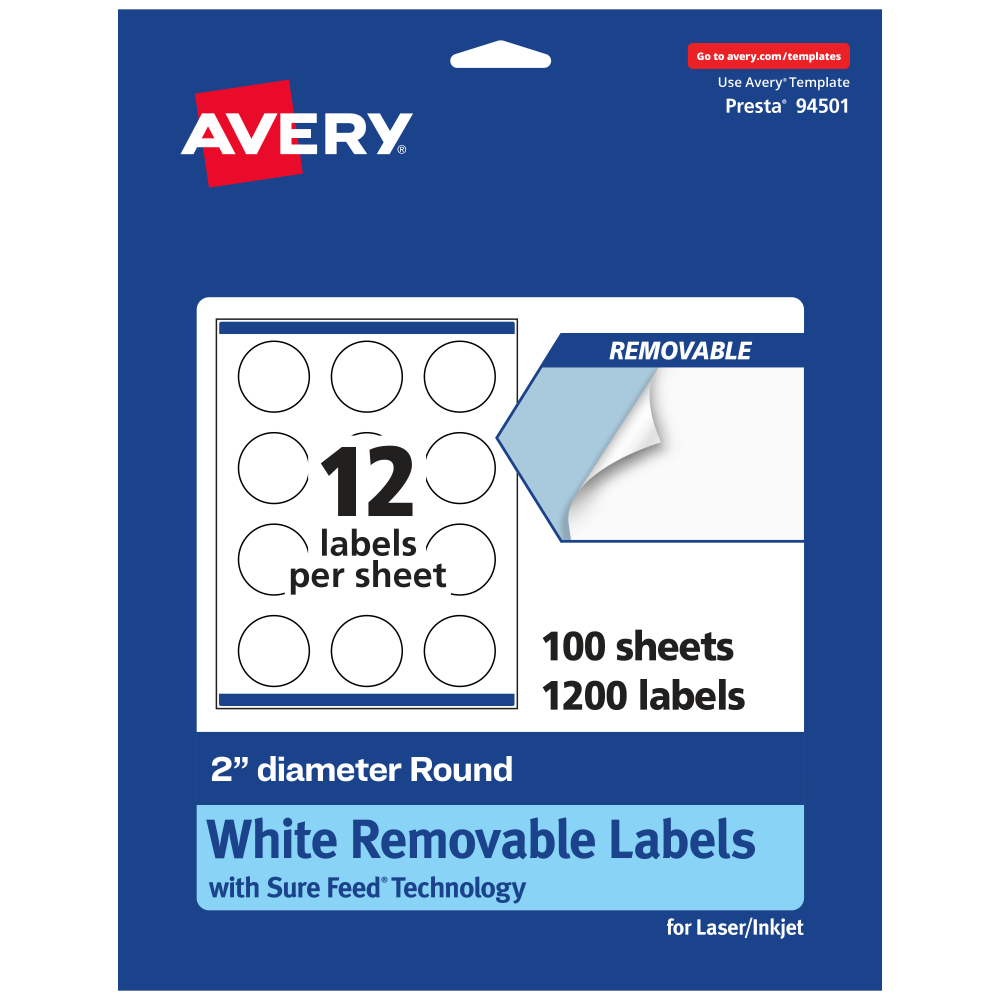 Avery Removable Labels With Sure Feed, 94501-RMP100, Round, 2in Diameter, White, Pack Of 1,200 Labels