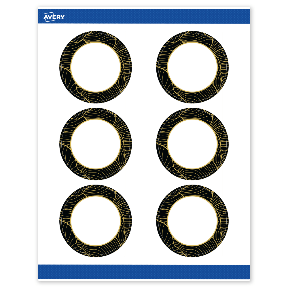 Avery Printable Labels With Sure Feed Technology, S00-ETM, Round, 3in, Matte White With Preprinted Black/Gold Vein Border, Pack Of 60