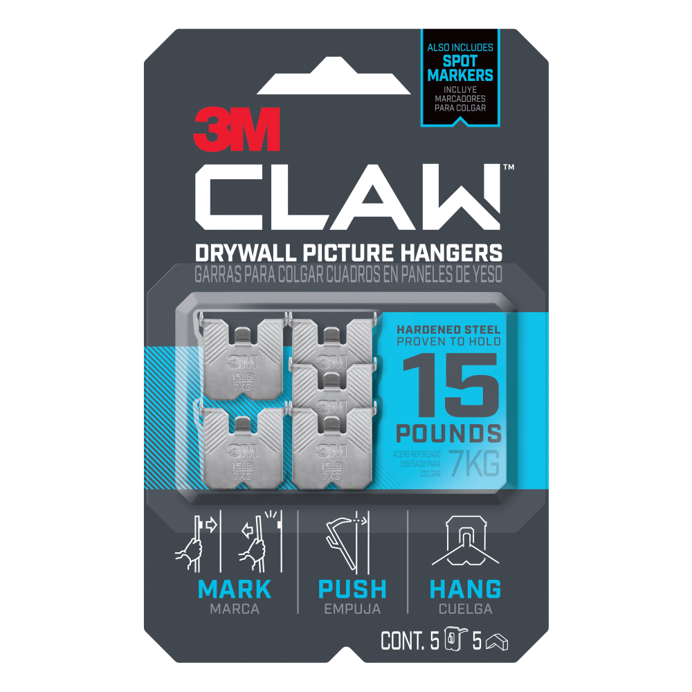 3M CLAW Drywall Picture Hanger with Spot Marker, 5 Wall Hangers, 5 Spot Markers, designed for heavyweight mirrors, frames, and home decor