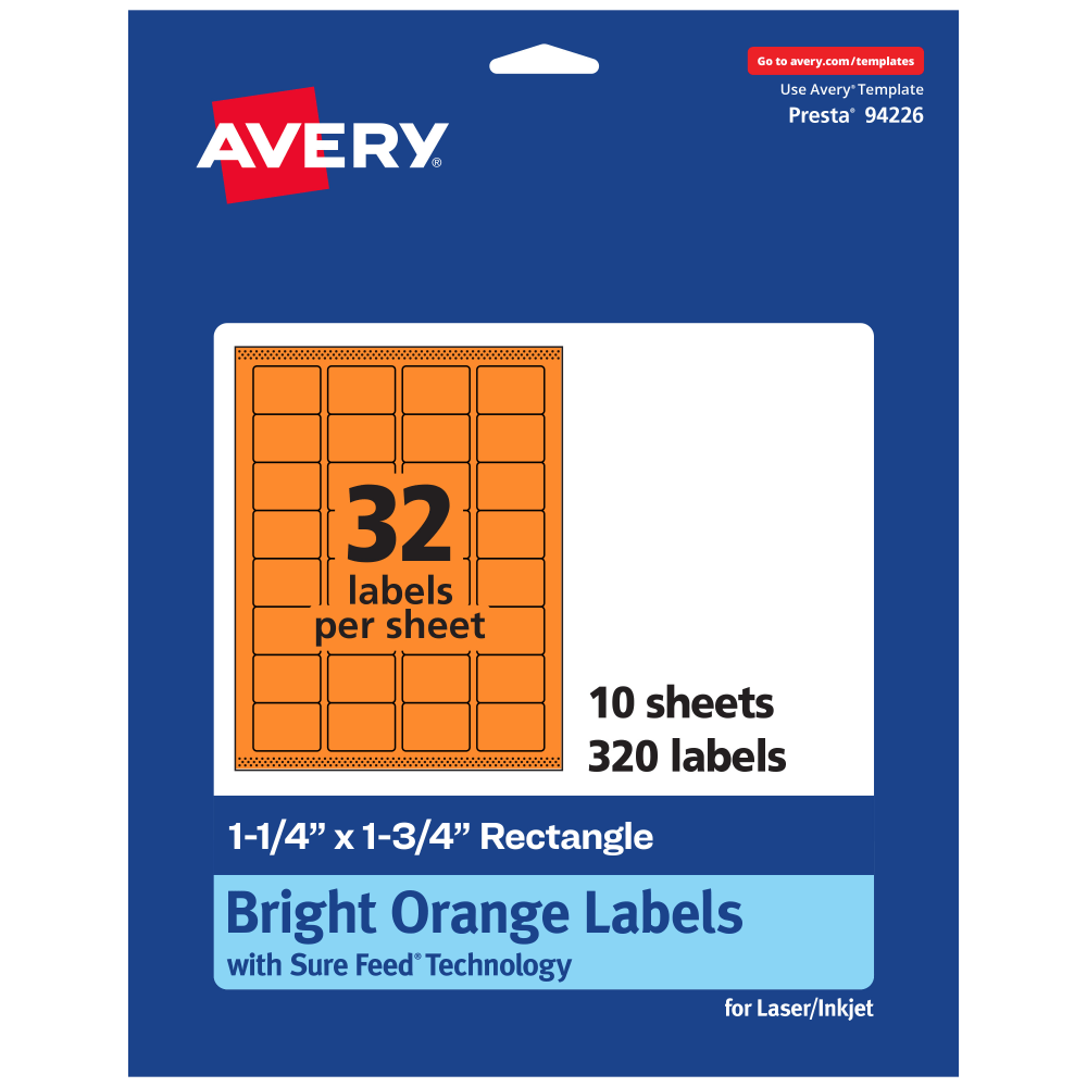 Avery Printable Labels With Sure Feed Technology, 94226-BOP10, Rectangle, 1-1/4in x 1-3/4in, Matte Bright Orange, Pack of 320