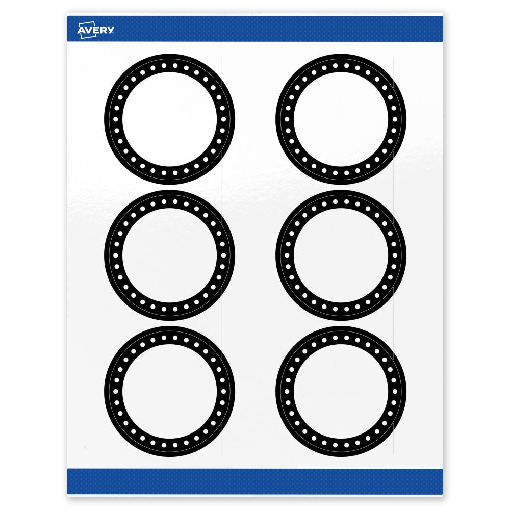 Avery Print-To-The-Edge Labels & Sure Feed, S00-DKP-PRWGP10, 3in Round, Glossy White, Preprinted Black & White Polka Dots Design, Pack Of 60