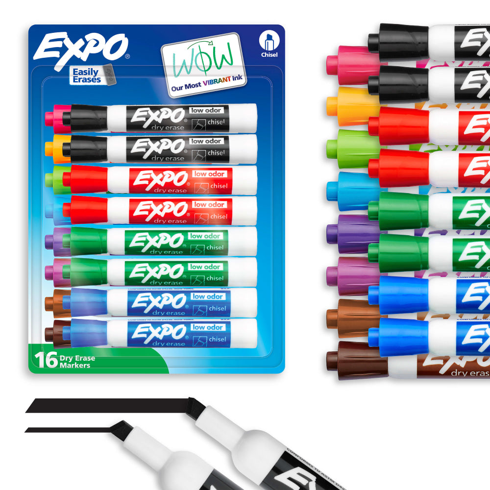 EXPO Low-Odor Dry-Erase Markers, Chisel Point, Assorted Colors, Pack Of 16