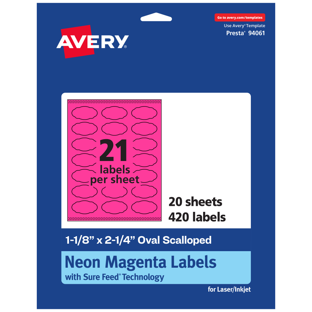 Avery Print-To-The-Edge Labels With Sure Feed Technology And Easy Peel, 94061-NMP20, Oval Scalloped, 1-1/8inx2-1/4in, Matte Neon Magenta, Pack of 420